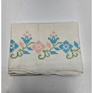 Vintage Handmade Cross Stitch Pillowcase Standard Size Floral Scalloped Edge